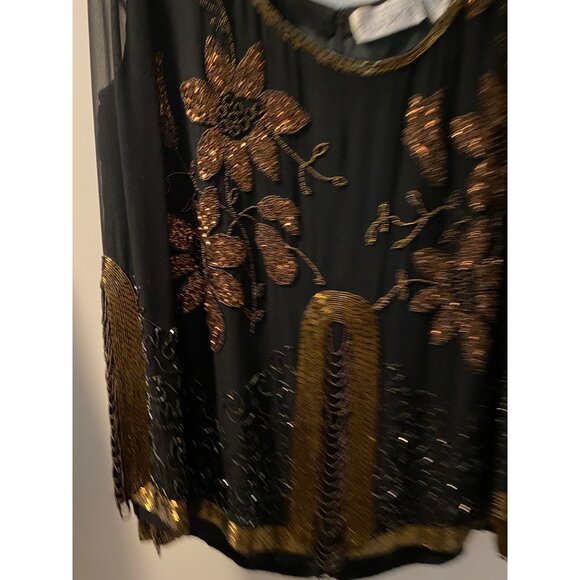 BLACK TIE BEADED SEQUIN EMBBELLISIED JEWELED SILK WOMEN'S STATEMENT  BLOUSE LG - Picture 2 of 16